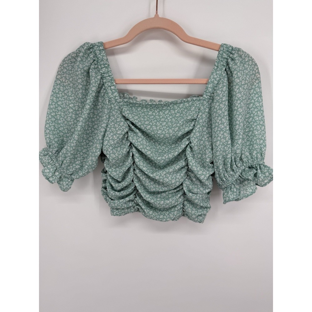 Altar'd State Mint Green Floral Ruched Milkmaid Puff Sleeve Crop Top Blouse XS